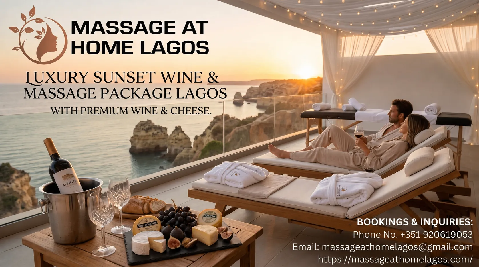 Luxury Sunset Wine Massage Package Lagos with Premium Wine & Cheese